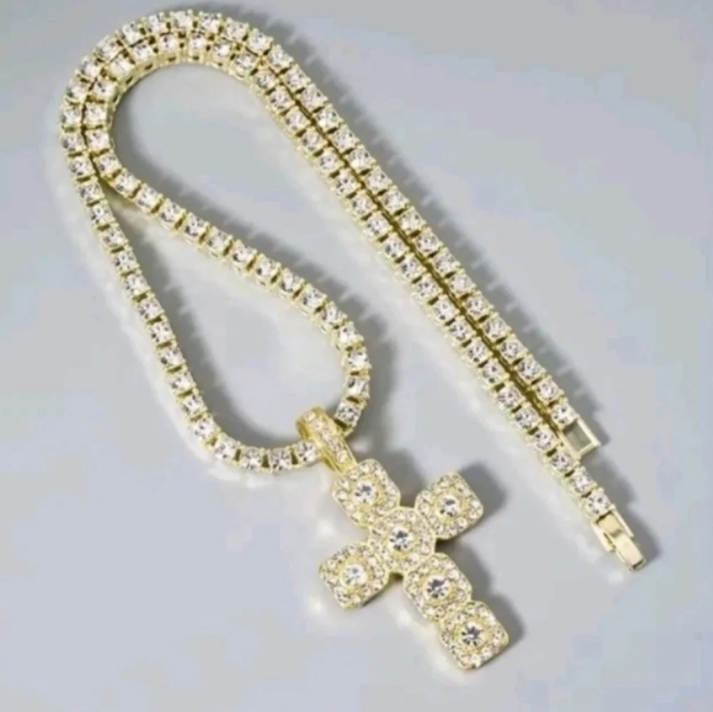 14k Yellow Gold Plated Lab Created Diamond Cross Pendant Tennis Necklace